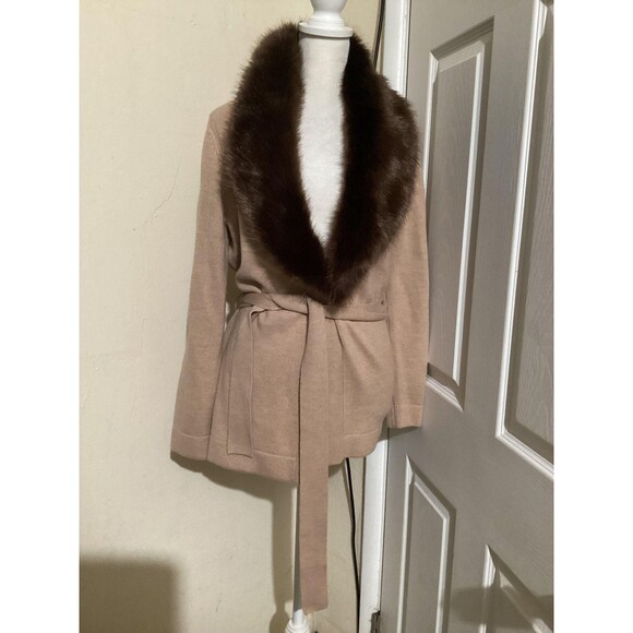 Talbots Sweater Womens Medium Beige Merino Wool Belted Cardigan Brown Fur Collar - Picture 1 of 7